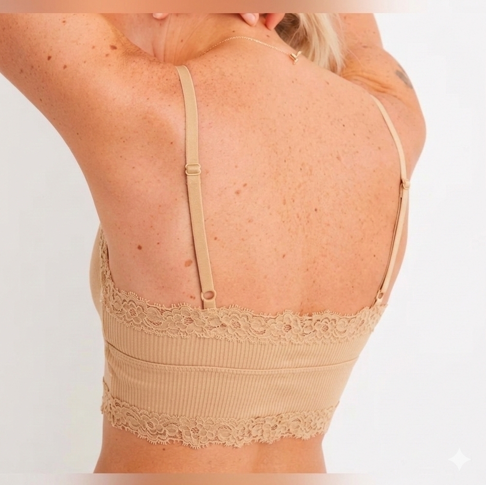 Aerie Ribbed Eyelash Lace Trim Longline Bralette, Tan, Size Medium - Picture 2 of 9